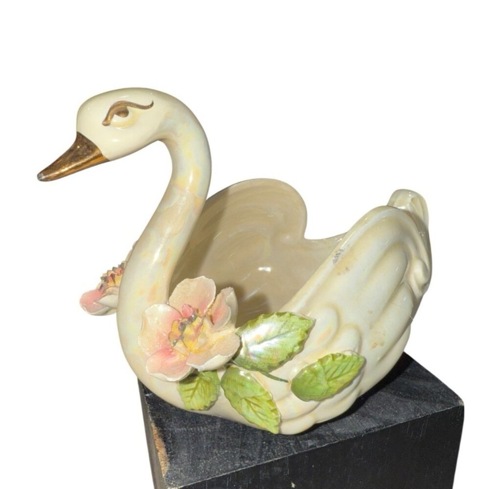 Vintage Norcrest Swan Figurine Trinket Dish Decorative Planter Pink Flower Japan